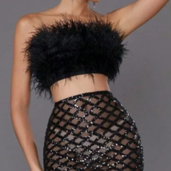 Black fuzzy Feather Trim Crop Tube Top & Sexy Sequin Pencil Skirt - Picture 8 of 9